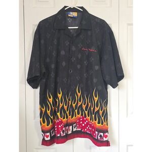Vintage XNT Las Vegas Flame Dice Playing Cards Button Up Shirt Black Mens Large
